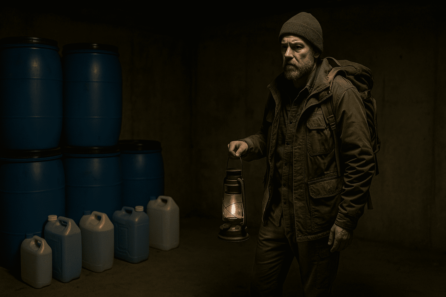Emergency water storage barrels in a prepper’s home, ready for disaster.
